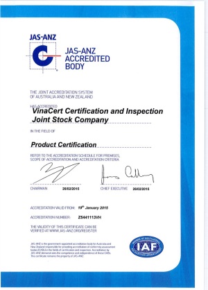 VinaCert đạt chứng chỉ công nhận quốc tế: ISO/IEC 17065:2012, ISO/IEC 17021:2011, ISO/TS 22003:2007 của JAS-ANZ (Australia, New Zealand) cho lĩnh vực chứng nhận